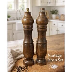 Vintage Wood Salt Pepper Grinder Set Made in Japan 10” Tall Mill Pair